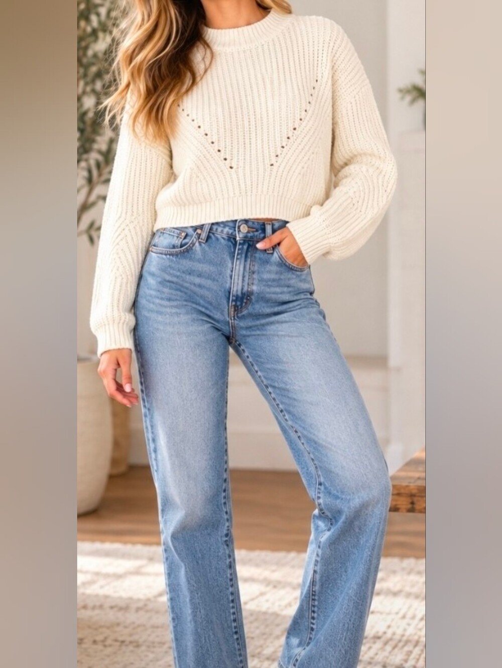 John + Jenn Women's Small Ivory Chunky Knit Cropped Mock Neck Sweater